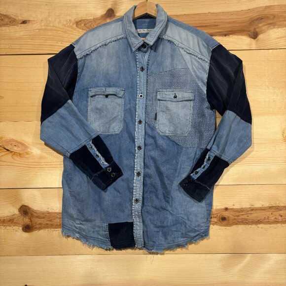 We the Free Palisades Patchwork Button Down Shirt Womens Medium Blue Oversized - Picture 1 of 10